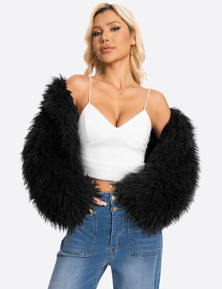 Women's Fuzzy Faux Fur Jacket – Concealed Button Closure