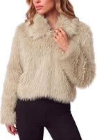 Women's Shaggy Faux Fur Cropped Jacket – Curved Hem - Apricot