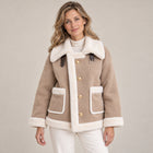Women's Suede-Look Aviator Jacket with Oversized Collar and Gold Buttons - Beige