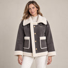 Women's Suede-Look Aviator Jacket with Oversized Collar and Gold Buttons - Grey
