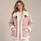 Women's Suede-Look Aviator Jacket with Oversized Collar and Gold Buttons - Pink