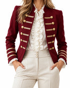 Women's Military-Style Blazer with Gold Buttons – Office Jacket - Burgundy