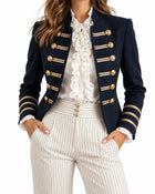 Women's Military-Style Blazer with Gold Buttons – Office Jacket - Navy