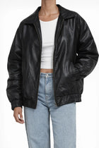 Women's Oversized Zip-Up Faux Leather Jacket – Biker Style - Black
