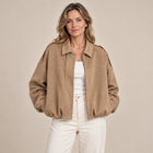 Women's Bomber Jacket – Suede Effect Turn-Down Collar Ribbed Cuffs - Khaki