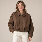 Women's Bomber Jacket – Suede Effect Turn-Down Collar Ribbed Cuffs - Brown