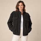 Women's Suede-Effect Bomber Jacket with Front Pockets and Ribbed Trims - Black
