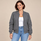 Women's Bomber Jacket – Ribbed Baseball Collar Zip-Up - Grey