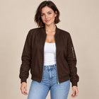 Women's Bomber Jacket – Ribbed Baseball Collar Zip-Up - Brown
