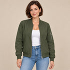 Women's Bomber Jacket – Ribbed Baseball Collar Zip-Up - Olive Green