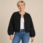 Women's Bomber Jacket – Lightweight Zip-Up Round Neck Relaxed Cut - Black