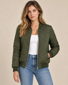 Women's Quilted Bomber Jacket – Cropped Diamond Pattern - Green