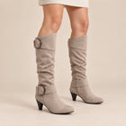 Women's Slouchy Boots – Faux Suede Ring Buckles Cone Heel - Beige