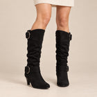 Women's Slouchy Boots – Faux Suede Ring Buckles Cone Heel - Black