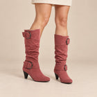 Women's Slouchy Boots – Faux Suede Ring Buckles Cone Heel - Dusty Pink