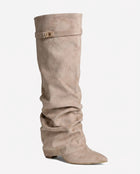 Women's Knee-High Boots – Slouchy Faux Suede Wedge Heel - Beige