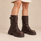 Women's Biker Boots – Layered Gaiter Cleated Sole - Brown