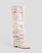 Women's Knee-High Boots – Slouchy Faux Suede Wedge Heel - Off-White