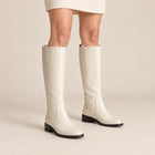 Women's Knee-High Riding Boots – Leather Effect Square Heel - Off-White