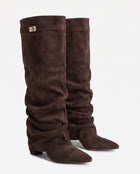 Women's Knee-High Boots – Slouchy Faux Suede Wedge Heel - Chocolate