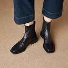 Women's Leather Square-Toe Ankle Boots – Small Block Heel - Black