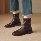 Women's Leather Square-Toe Ankle Boots – Small Block Heel - Brown