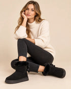 Women's Snow Boots – Faux Fur Collar and Satin Bow - Black