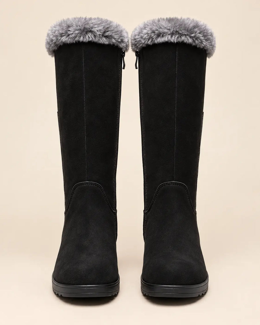 Bottes Fourrées Femme - Suédine Zippées Mi-Mollet Compensé Noir