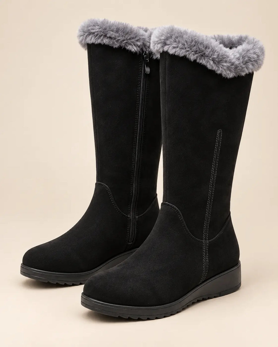 Bottes Fourrées Femme - Suédine Zippées Mi-Mollet Compensé Noir
