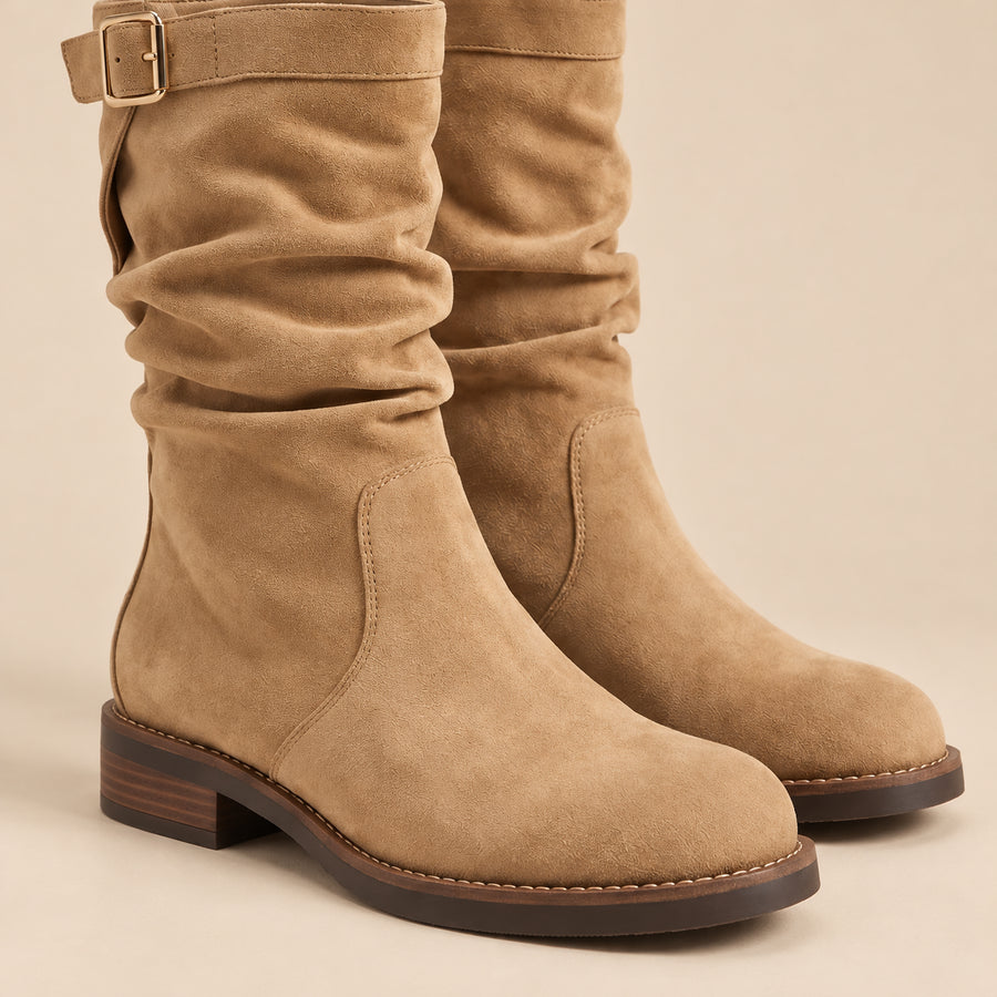Bottes Mi-Mollet Femme - Slouchy en Suédine Talon Bas - Camel - gros plan talon et semelle