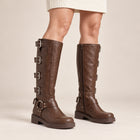 Women's Knee-High Boots – Buckled Biker Leather Effect Square Heel - Brown