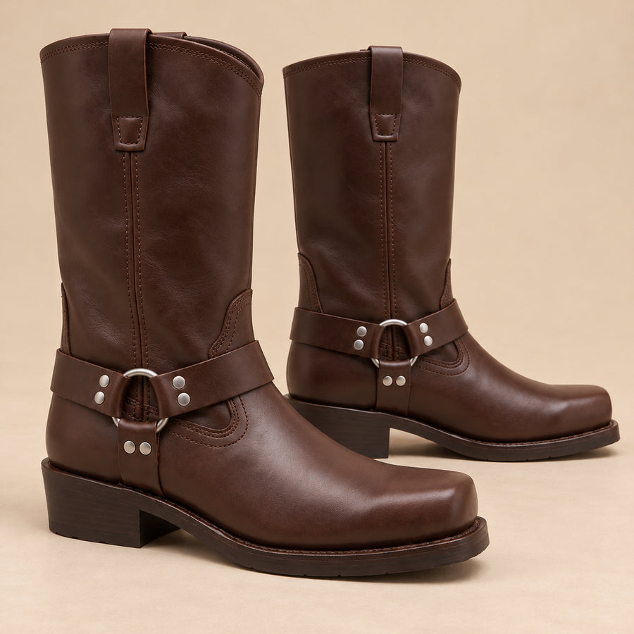Bottes Motardes Femme - Mi-Mollet Effet Cuir Talon Carré - Chocolat - vue non portée sur fond beige