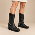 Women's Biker Boots – Mid-Calf Leather Effect Square Heel - Black