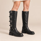 Women's Knee-High Boots – Buckled Biker Leather Effect Square Heel - Black