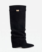 Women's Knee-High Boots – Slouchy Faux Suede Wedge Heel - Black