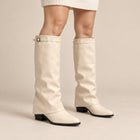 Women's Knee-High Boots – Buckled Cuff Leather Effect Pointed Toe - Cream