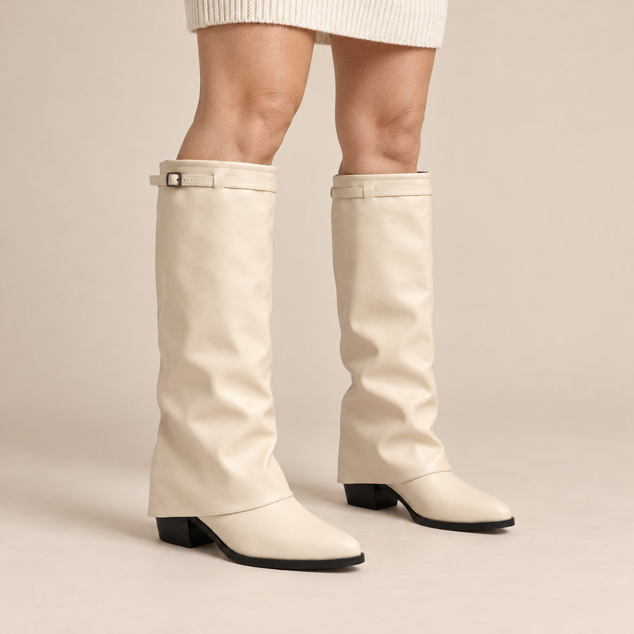 Bottes Hautes Femme - Revers à Boucle Effet Cuir Bout Pointu - Crème - vue portée