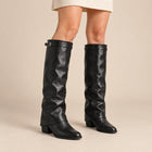 Women's Knee-High Boots – Buckled Cuff Leather Effect Pointed Toe - Black