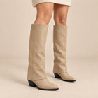 Women's Knee-High Boots – Faux Leather Cuff Cuban Heel - Beige
