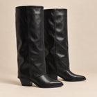 Women's Knee-High Boots – Faux Leather Cuff Cuban Heel - Black