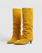 Women's Soft Boots – Wide Faux Suede Shaft Small Heel - Mustard