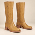 Women's Knee-High Boots – Stacked Heel Leather Effect Square Toe - Camel