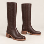 Women's Knee-High Boots – Stacked Heel Leather Effect Square Toe - Chocolate