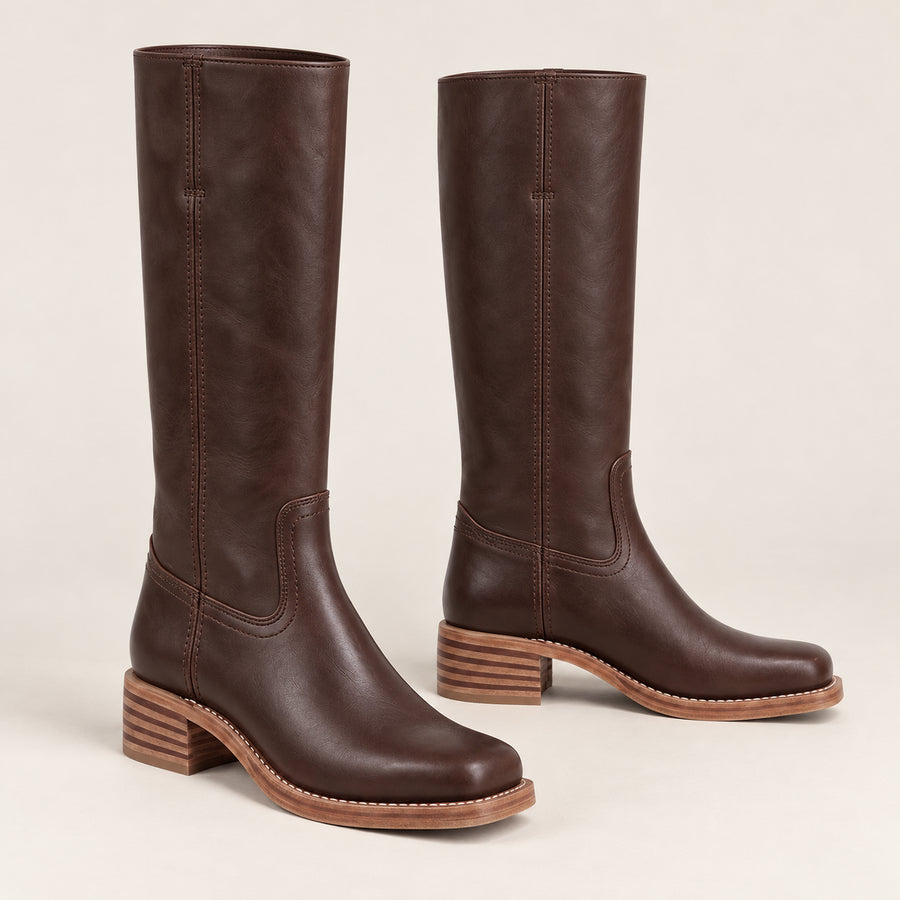Bottes Hautes Femme - Talon Empilé Effet Cuir Bout Carré - Chocolat - bottes seules sur fond beige