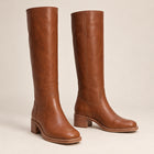Women's Knee-High Boots – Stacked Heel Leather Effect Square Toe - Cognac
