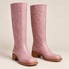 Women's Knee-High Boots – Stacked Heel Leather Effect Square Toe - Dusty Pink