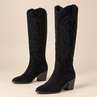 Women's Knee-High Boots – Embroidered Western Faux Suede Block Heel - Black