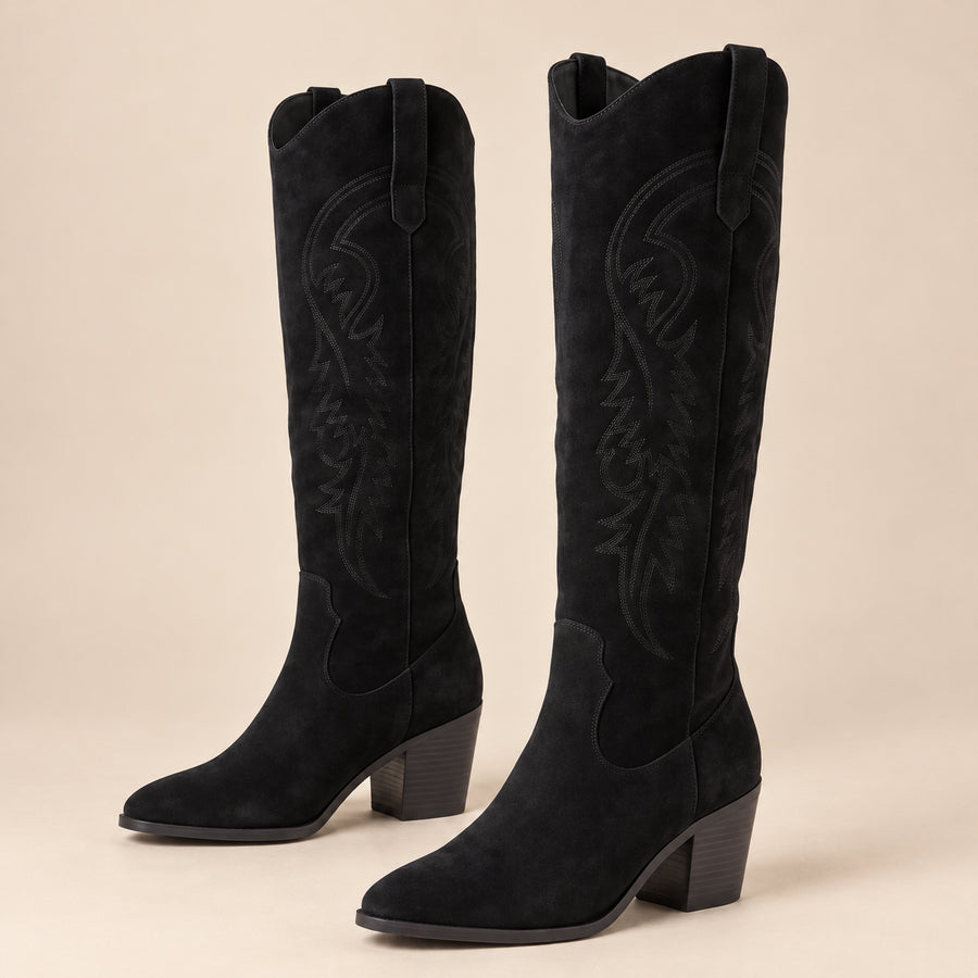 Bottes Hautes Femme - Western Brodées en Suédine Talon Bloc - Noir - bottes seules sur fond beige