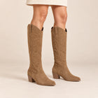 Women's Knee-High Boots – Embroidered Western Faux Suede Block Heel - Hazelnut