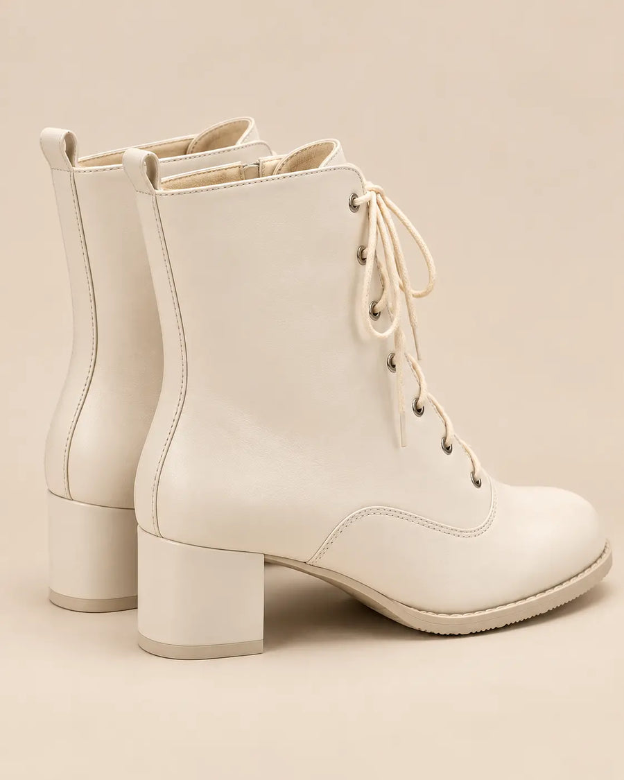Bottines à Lacets Femme - Talon Carré Effet Cuir Mat Blanc Cassé